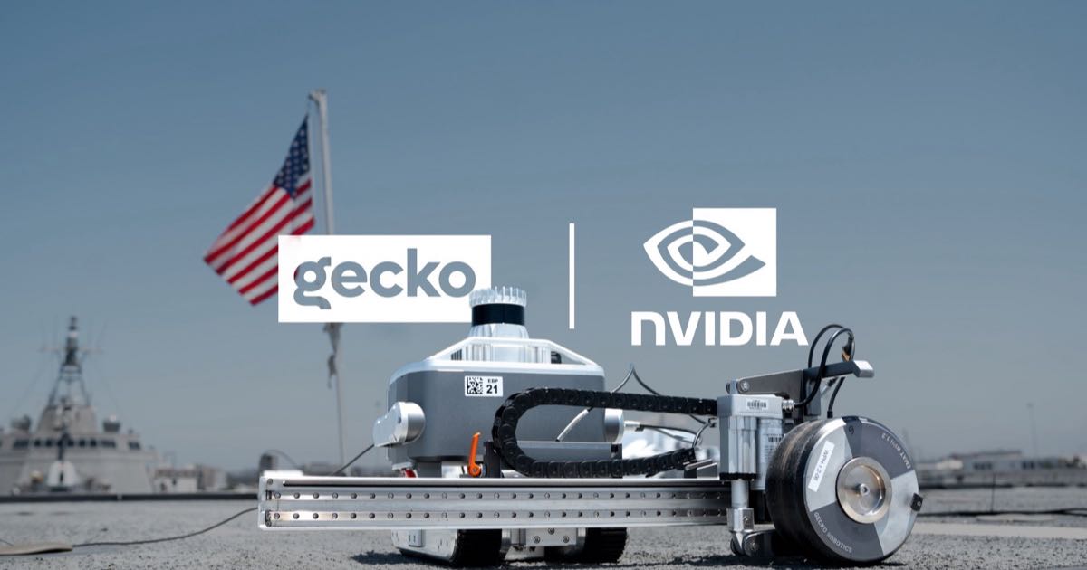 A tracked inspection robot with a chain-driven boom stands on the deck of a naval ship beside Gecko and NVIDIA logos, an American flag flying behind