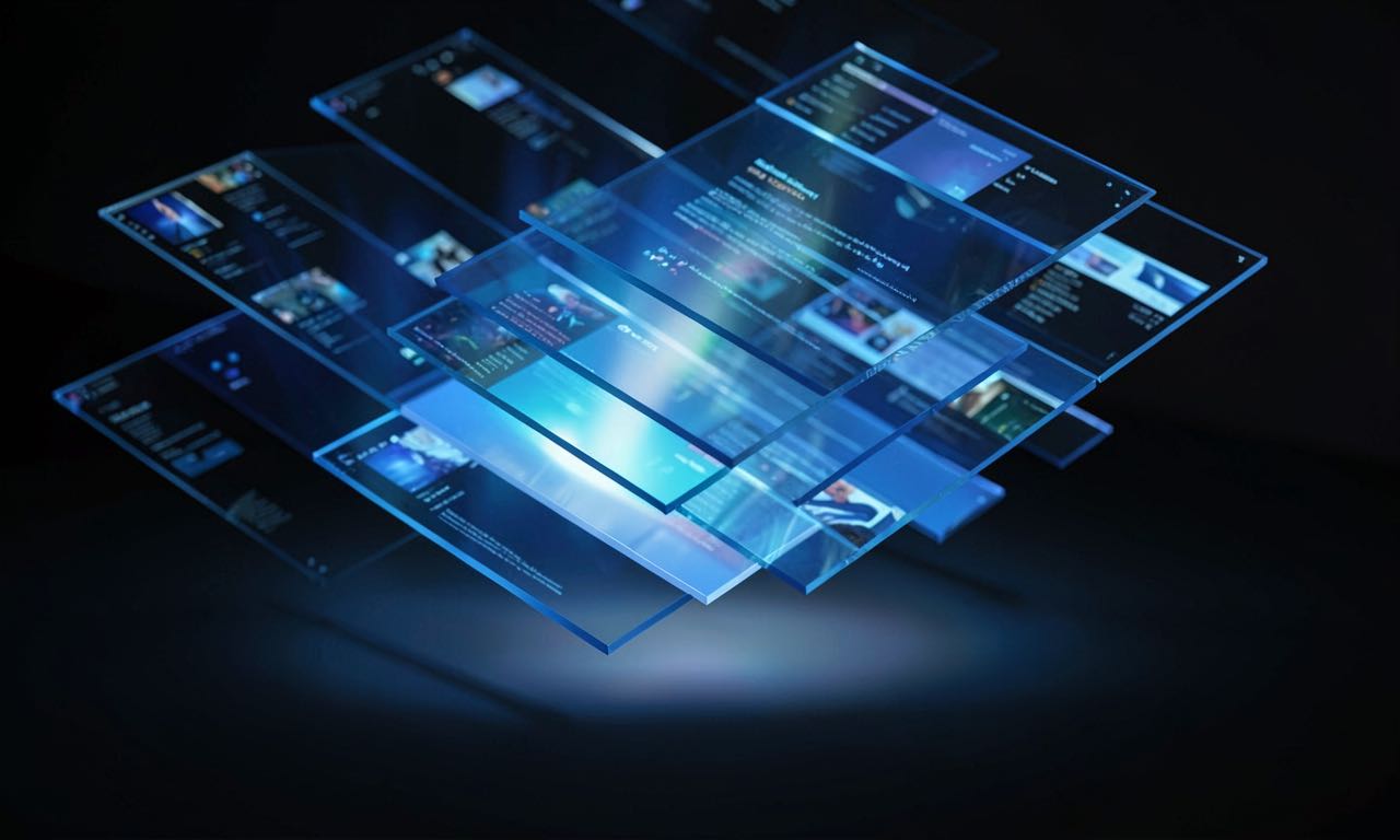 Layered translucent blue glass panels floating above a dark surface with soft light passing through, suggesting computer screens and AI agent interfaces.