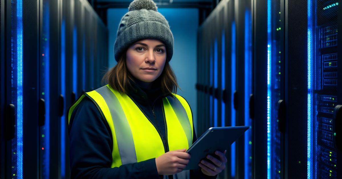 An engineer with a woolly beanie and hi-vis vest holding a tablet in a blue-lit data centre aisle, documentary photography