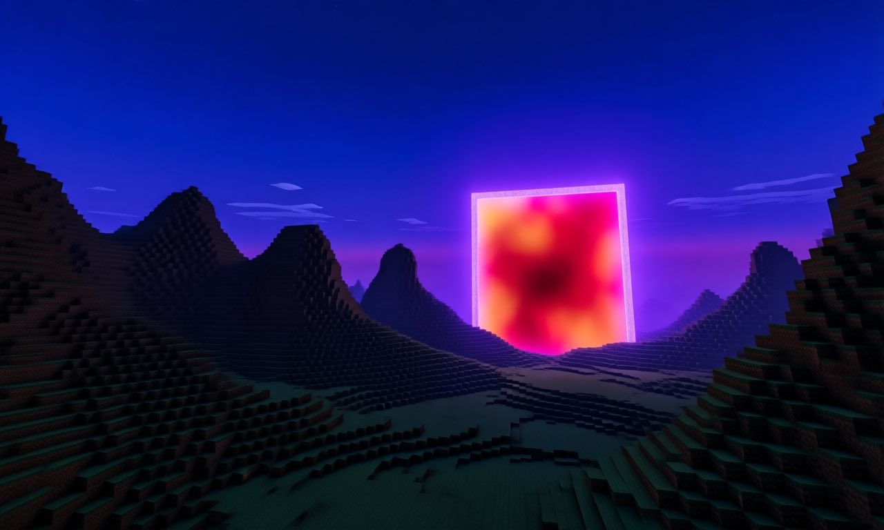 A dark, atmospheric mountain landscape at dusk with a glowing purple portal shape in the distance — evoking an autonomous AI quest through a blocky open world, no text or logos.
