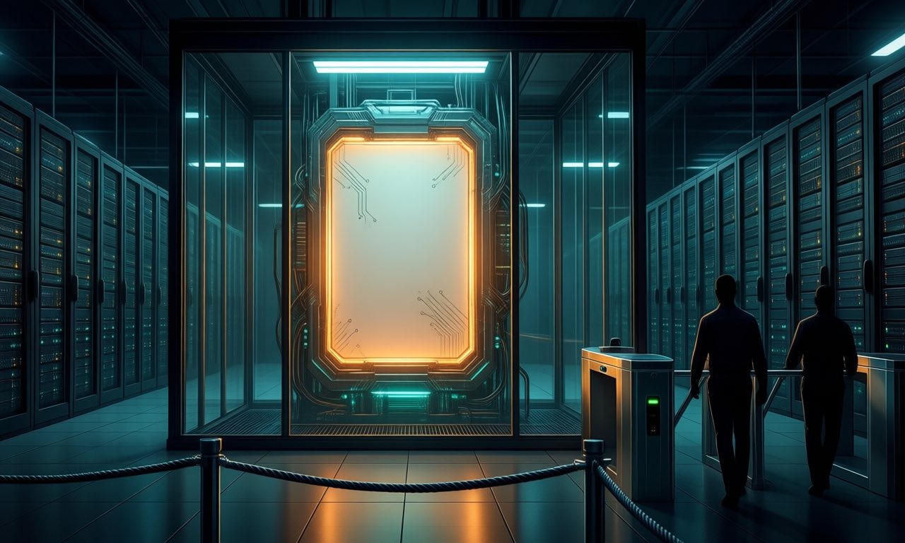 A glowing AI core sealed inside a dark datacentre hall behind secure glass, with vetted technicians admitted past a security checkpoint while the public waits outside the rope line