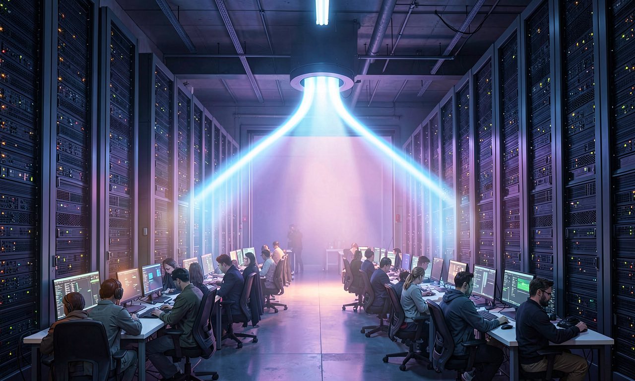 A glowing argon-gas apparatus in a dark datacentre aisle releasing a stream of light that pours through open loading doors toward waiting developer workstations.