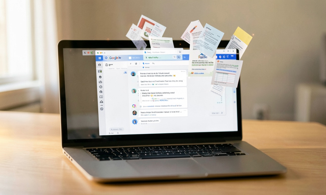 Laptop showing Gemini chat interface with documents materializing from the conversation
