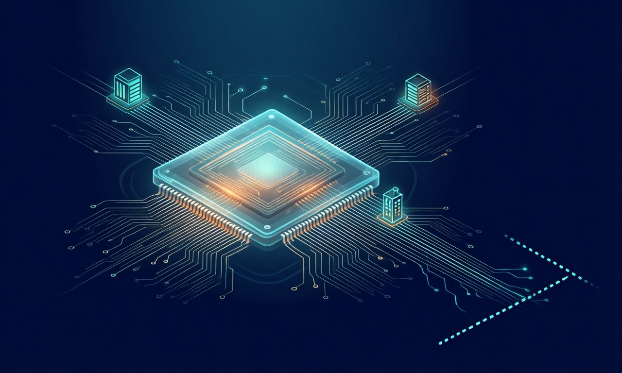 Abstract illustration of a glowing AI chip with circuit traces connecting to three office building icons by luminous data threads, one thread slipping past a dashed security boundary, dark navy background with teal and amber lighting