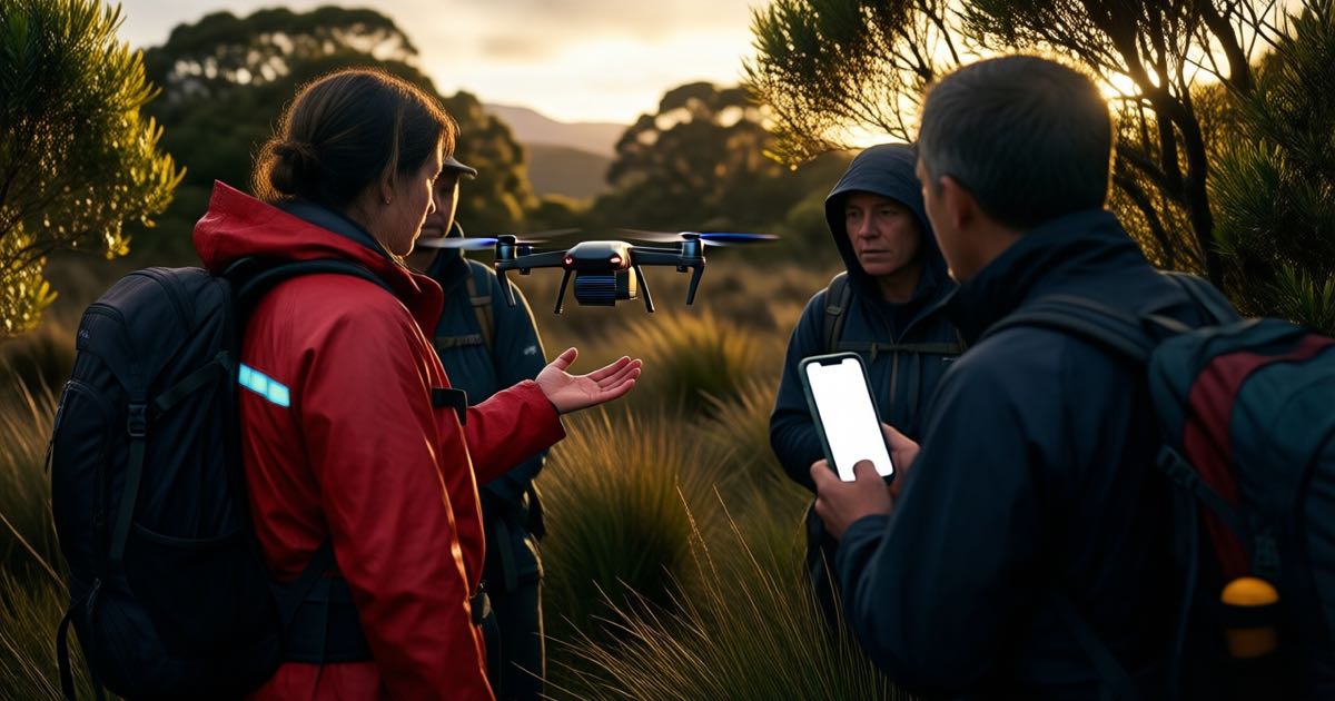 A search and rescue instructor in a red rain jacket briefs three trampers beside a small drone at dusk in New Zealand scrubland