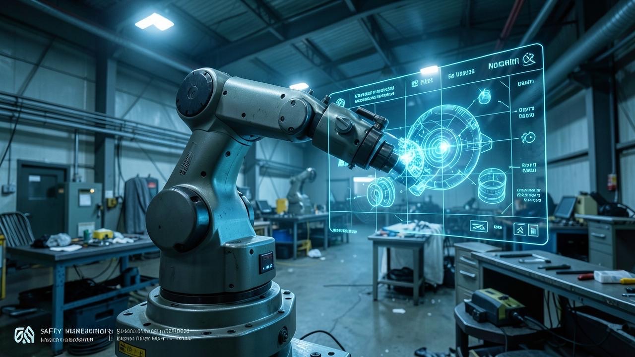 Industrial robotic arm with AI vision system analyzing cluttered workspace, safety monitoring overlay
