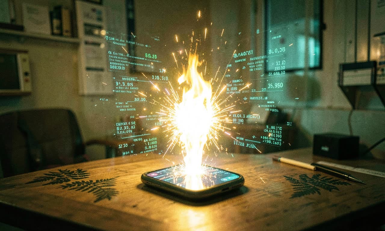 Glowing AI spark emerging from a smartphone in an accounting office, holographic financial data floating around it