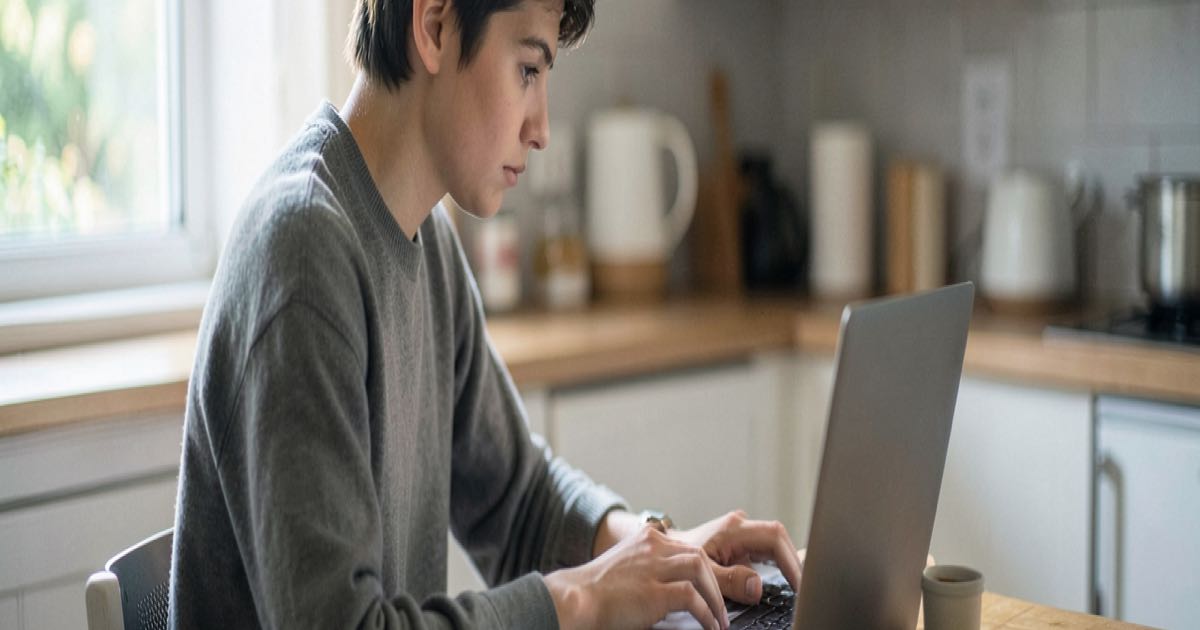 A young person working on a laptop at a small kitchen table with a coffee, morning light, documentary style