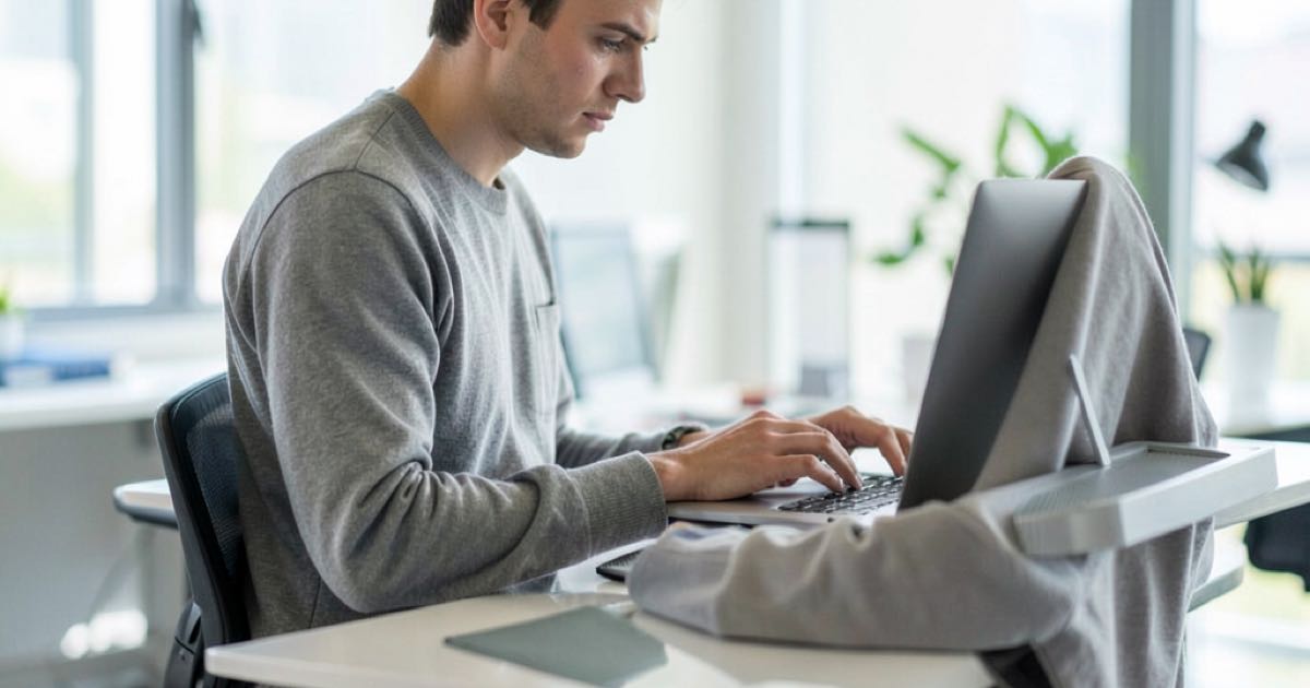 A young professional working on a laptop at a modern standing desk in a bright office, shallow depth of field, natural light, documentary style