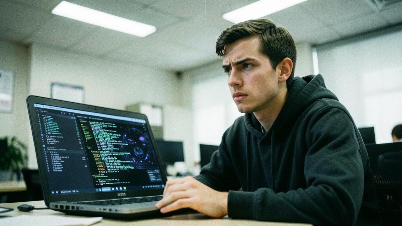 A young office worker at a desk with a laptop, glancing sideways with a tense expression, fluorescent overhead lighting, documentary style