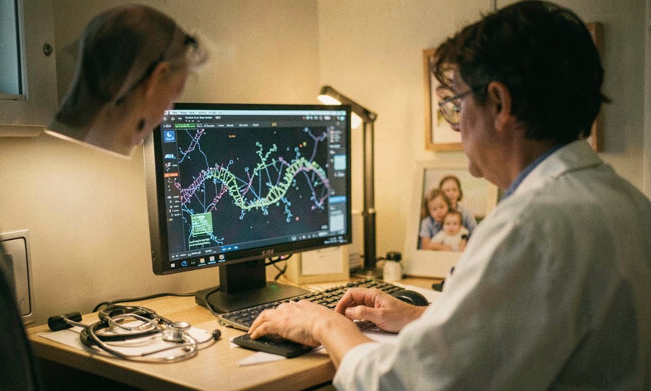 Medical researcher examining DNA data on a screen with warm clinic lighting, documentary style, close-up