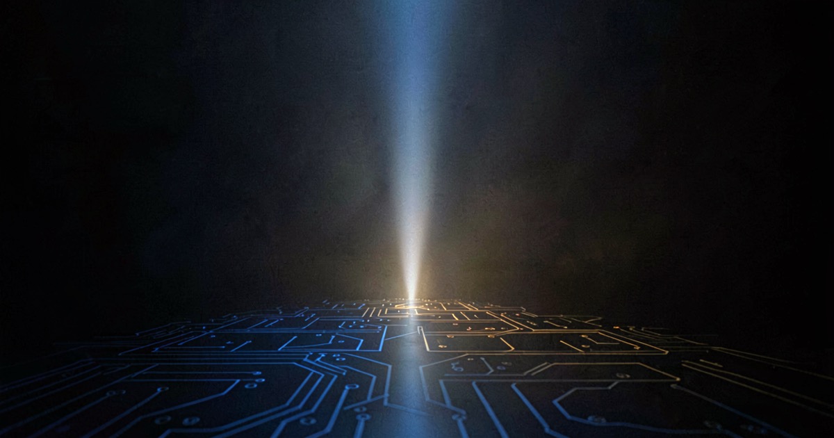 An abstract composition of a narrow beam of light cutting through a dark atmospheric haze, illuminating a grid of circuit-like patterns on a surface below