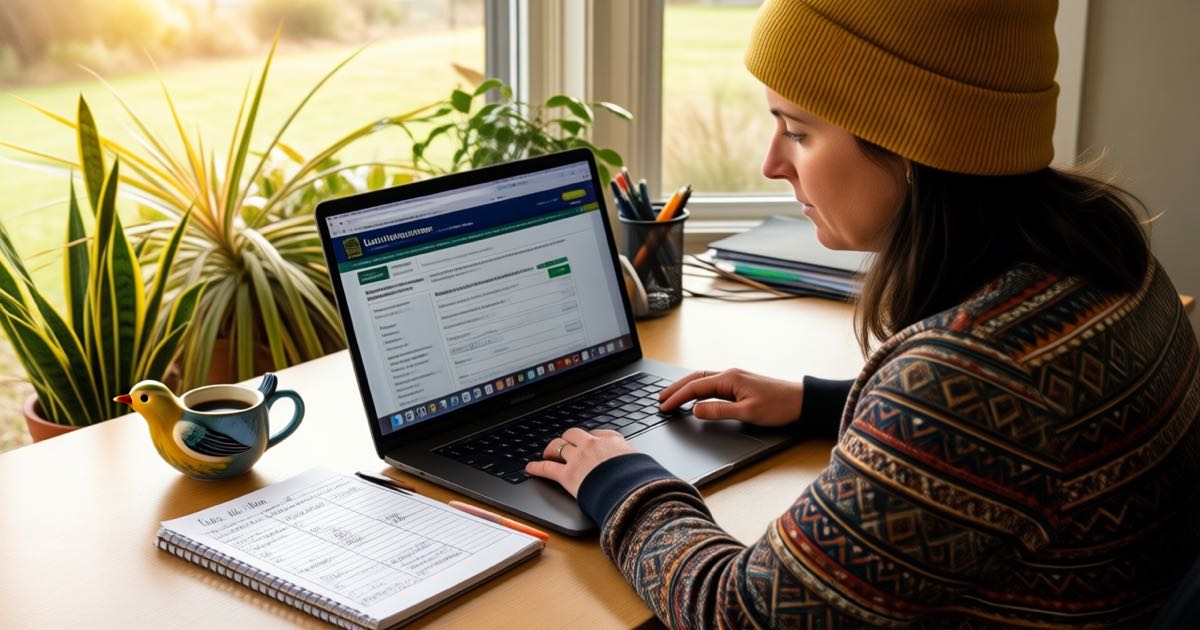 A job seeker in a mustard yellow beanie at a bright home-office desk checking a job listing on a laptop beside a handwritten application tracker, native plants outside the window, warm morning light, documentary editorial photography