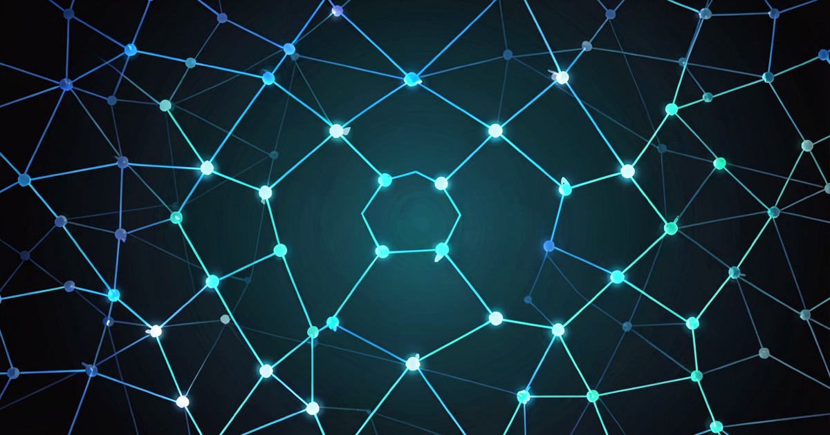 Abstract composition of glowing hexagonal grid nodes connecting across a dark gradient background, suggesting a network of open-source repositories