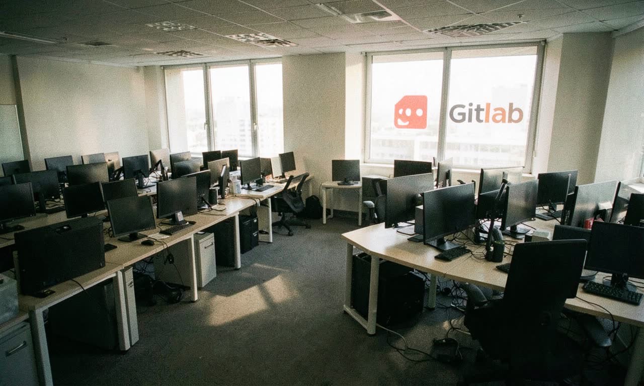 Empty office desks in muted corporate light, representing GitLab's workforce restructuring