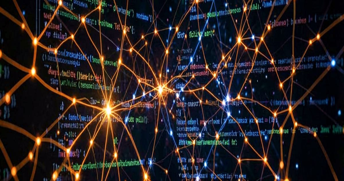 A glowing neural network pattern spreading through layers of code on a dark screen, bright orange and blue nodes illuminating hidden pathways in software infrastructure