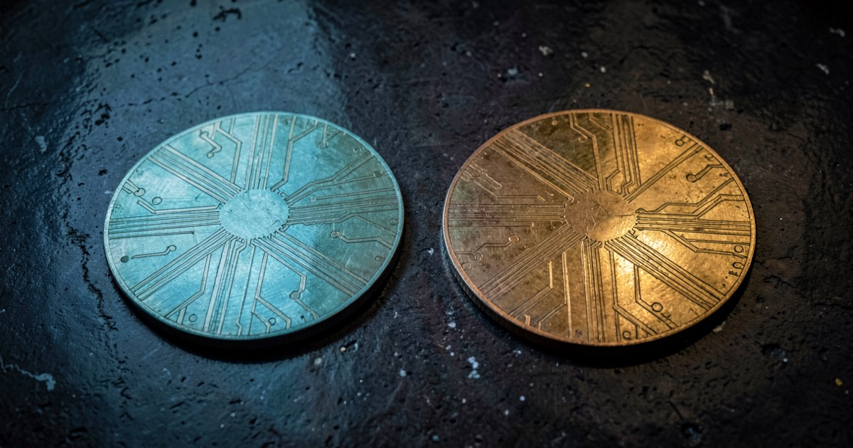 Abstract composition of two silicon wafers side by side on dark reflective surface, one casting green light, one casting amber light, with subtle circuit traces visible