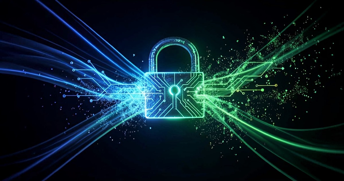 Abstract digital lock mechanism made of flowing light beams in dark blue and green tones