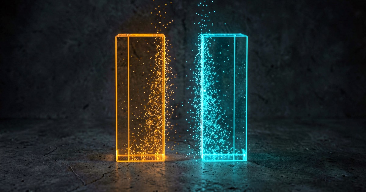 Abstract composition of two glowing translucent glass bars of different heights on dark concrete, one amber one cyan, cascading light particles falling between them like collapsing margins
