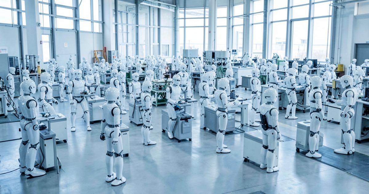 Rows of humanoid robots lined up on a factory floor, with only a few actively working at stations while others stand idle.