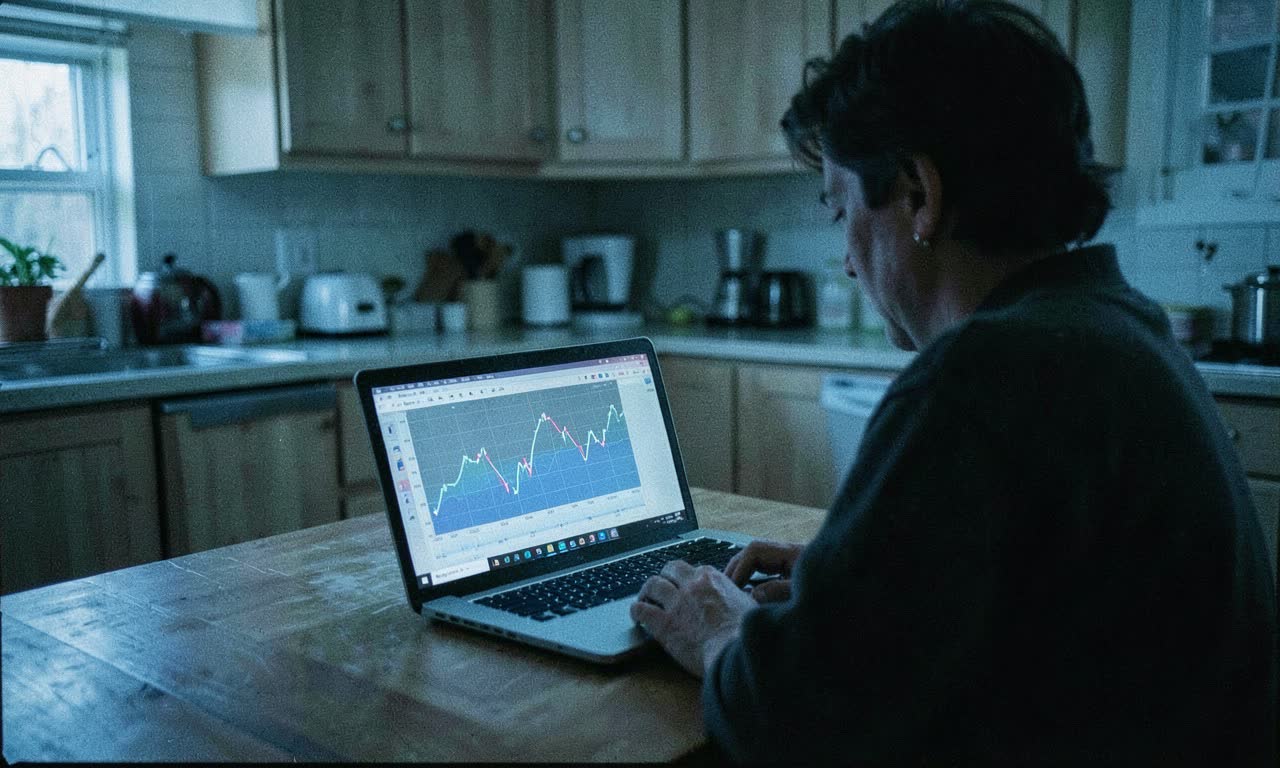A person sitting at a kitchen table staring at a laptop showing a declining earnings graph, cold blue lighting, documentary style