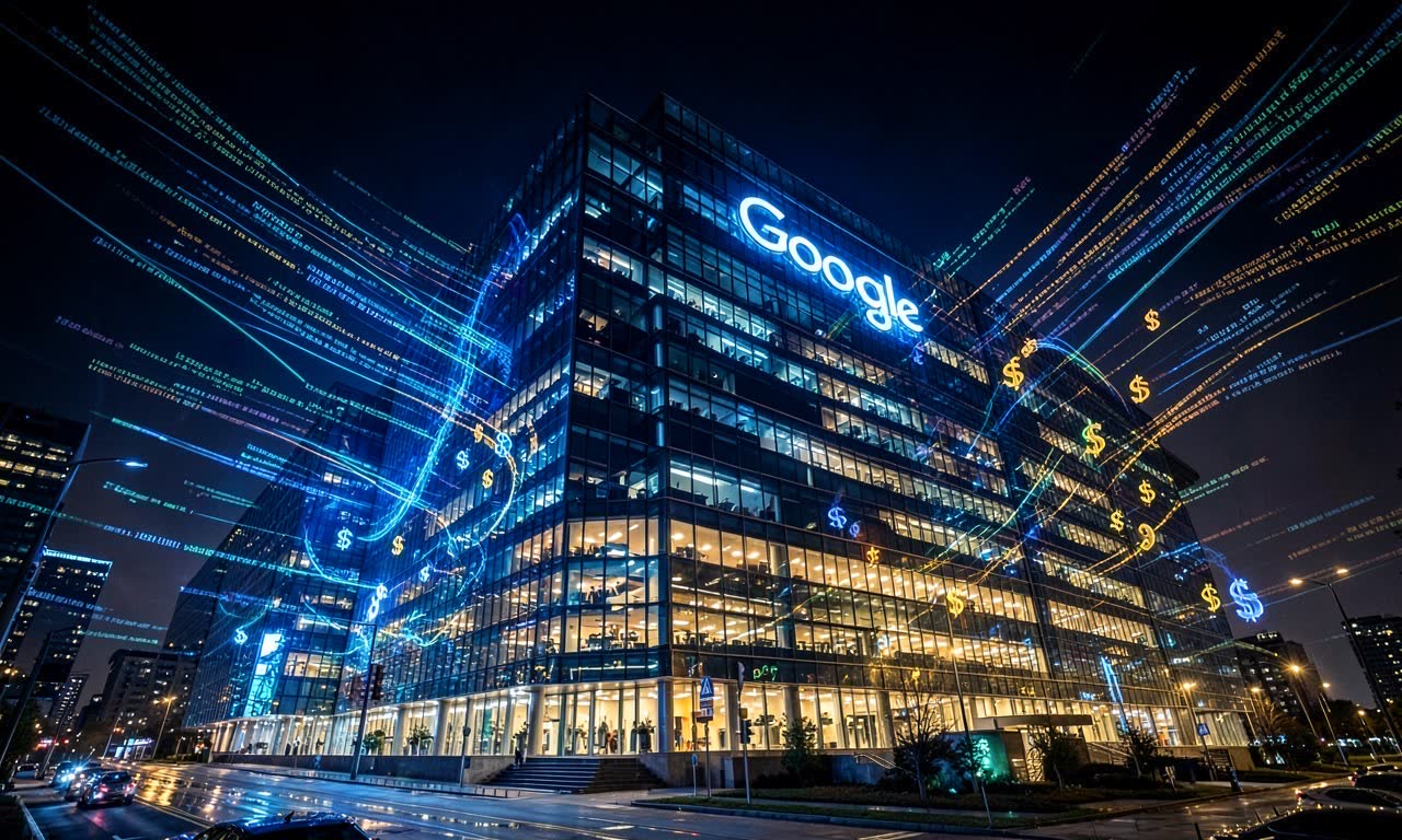 Tech headquarters at night with flowing data streams representing massive AI investment