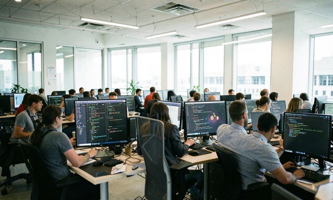 Google office with programmers working alongside AI code assistants