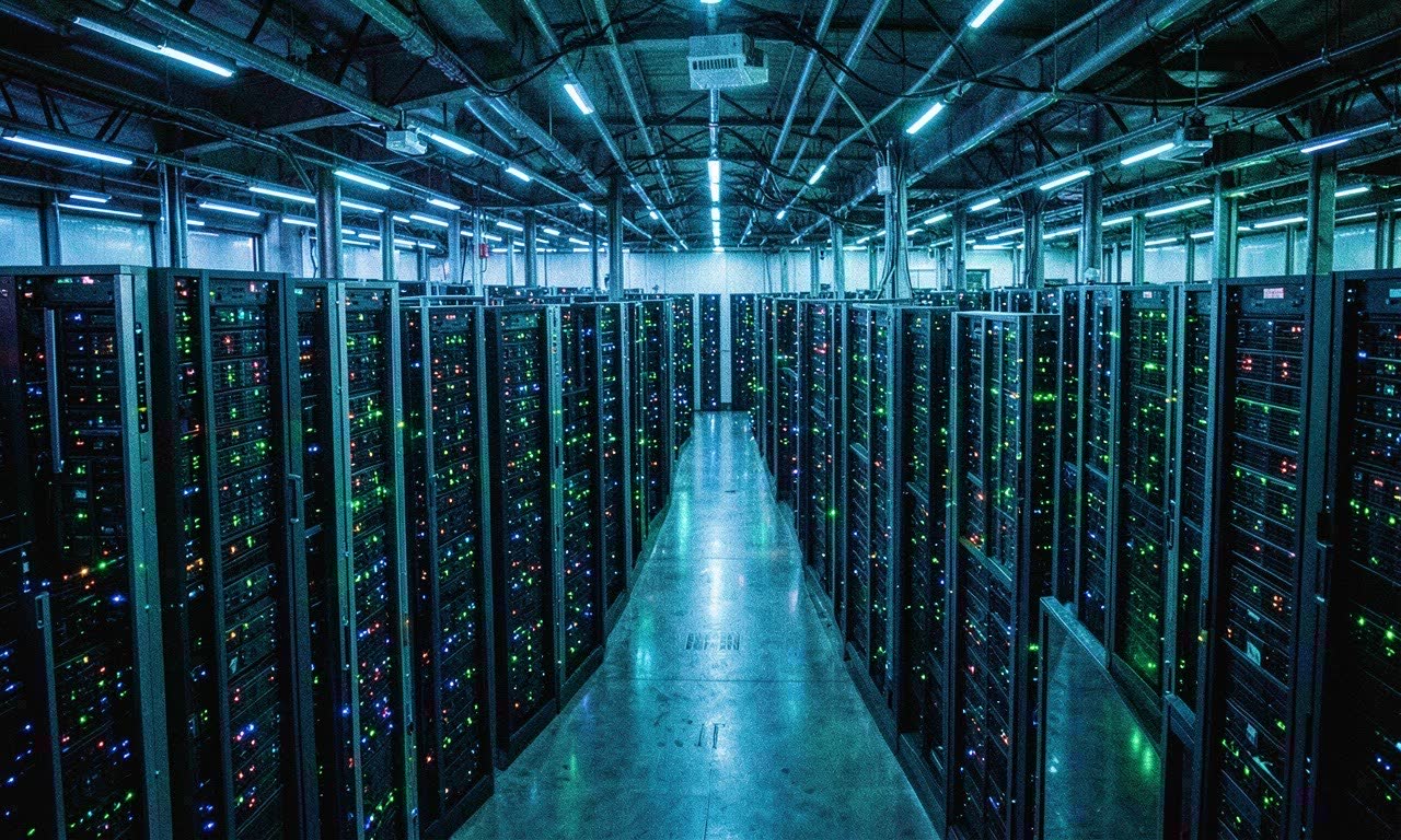 Massive data center interior with rows of GPU servers