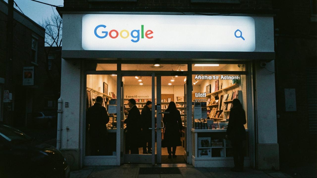 A small business storefront with a Google search bar glowing overhead, fewer footprints leading to the door, documentary style