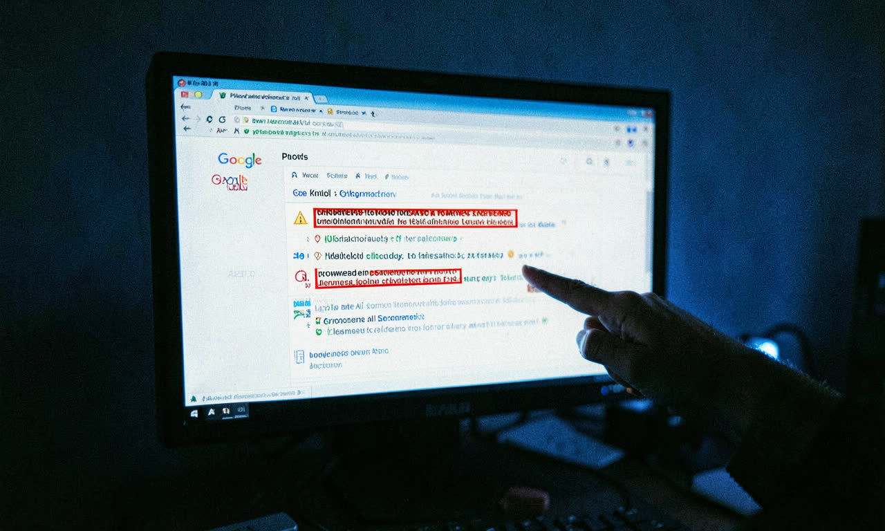 A Google search result screen showing obviously fake information highlighted in red, documentary style, ASA 400 film grain