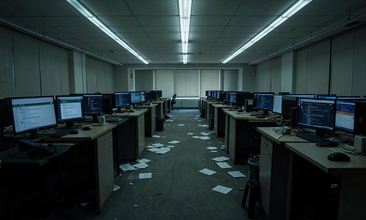 A photojournalistic wide shot of a long, empty newsroom with abandoned desks and glowing computer screens showing Google search results, cold fluorescent lighting, documentary style, muted colors, eerie atmosphere