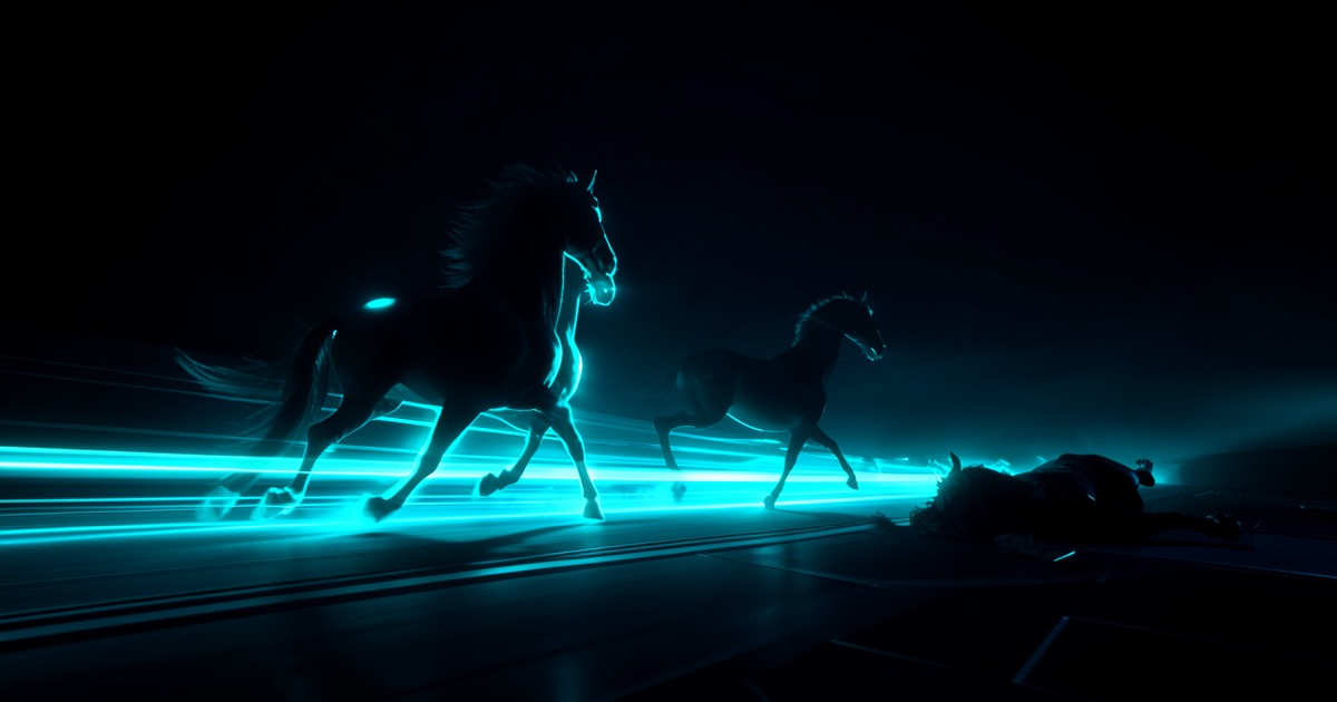 Two AI horse silhouettes racing forward on a dark track, leaving a third fallen behind.