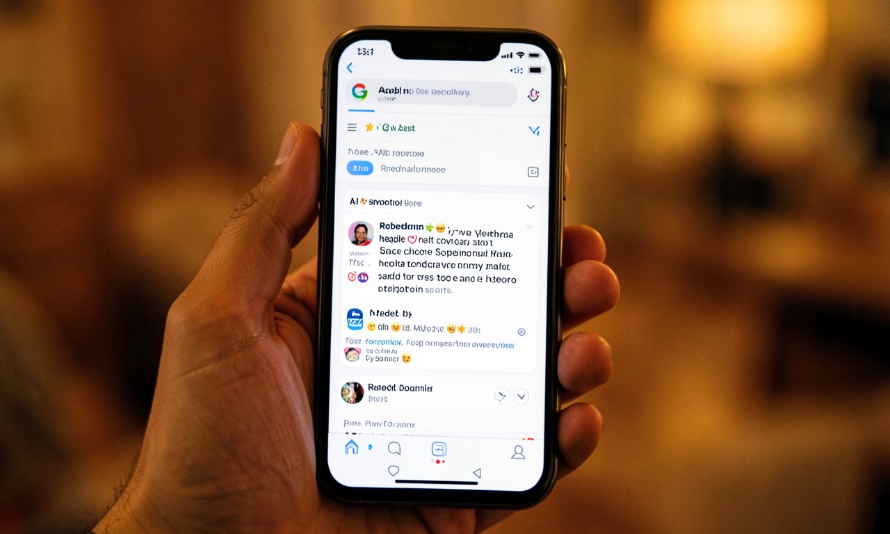 A smartphone displaying a Google search result with AI summary pulling quotes from a Reddit thread, dramatic lighting with Google's blue and red colors, photojournalistic style
