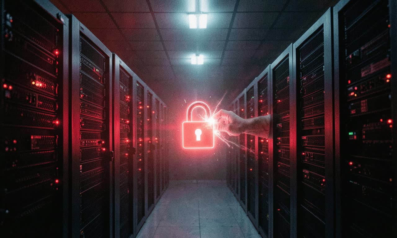 A server room with red warning lights and a digital lock being picked, dramatic overhead lighting, photojournalistic style