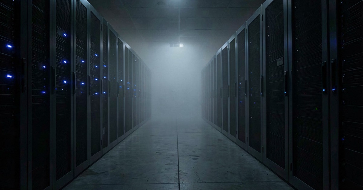 A dark data center corridor with server racks fading into fog, only a few racks glowing with blue indicator lights while most are dark