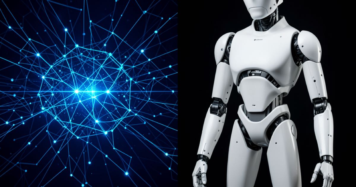 Split image representing two approaches to robotics: a software platform on one side, humanoid hardware on the other