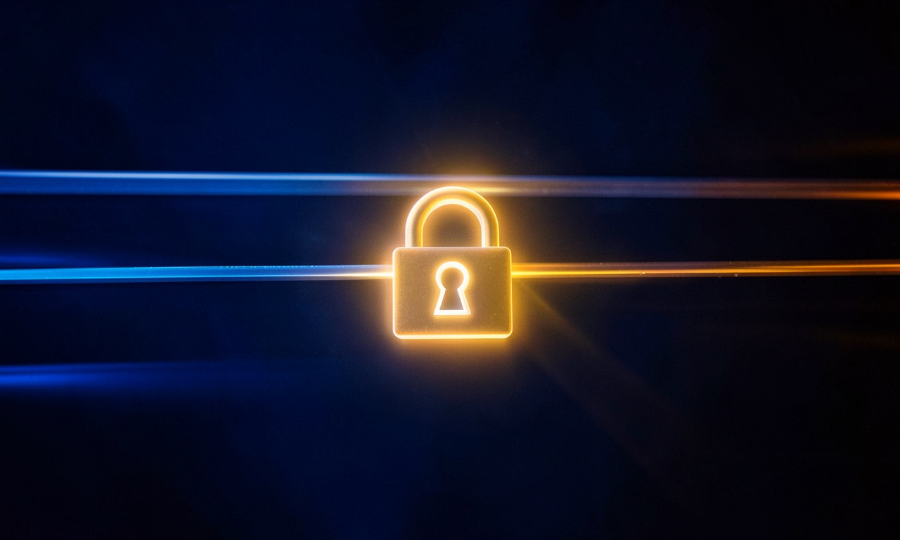 An abstract visualisation of parallel running lanes versus a single token stream, with a glowing open padlock symbol, deep blue and amber tones