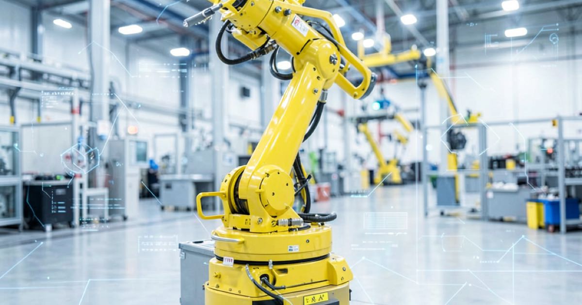 A yellow industrial robot arm on a factory floor with a subtle digital interface overlay, representing AI software integration into manufacturing hardware