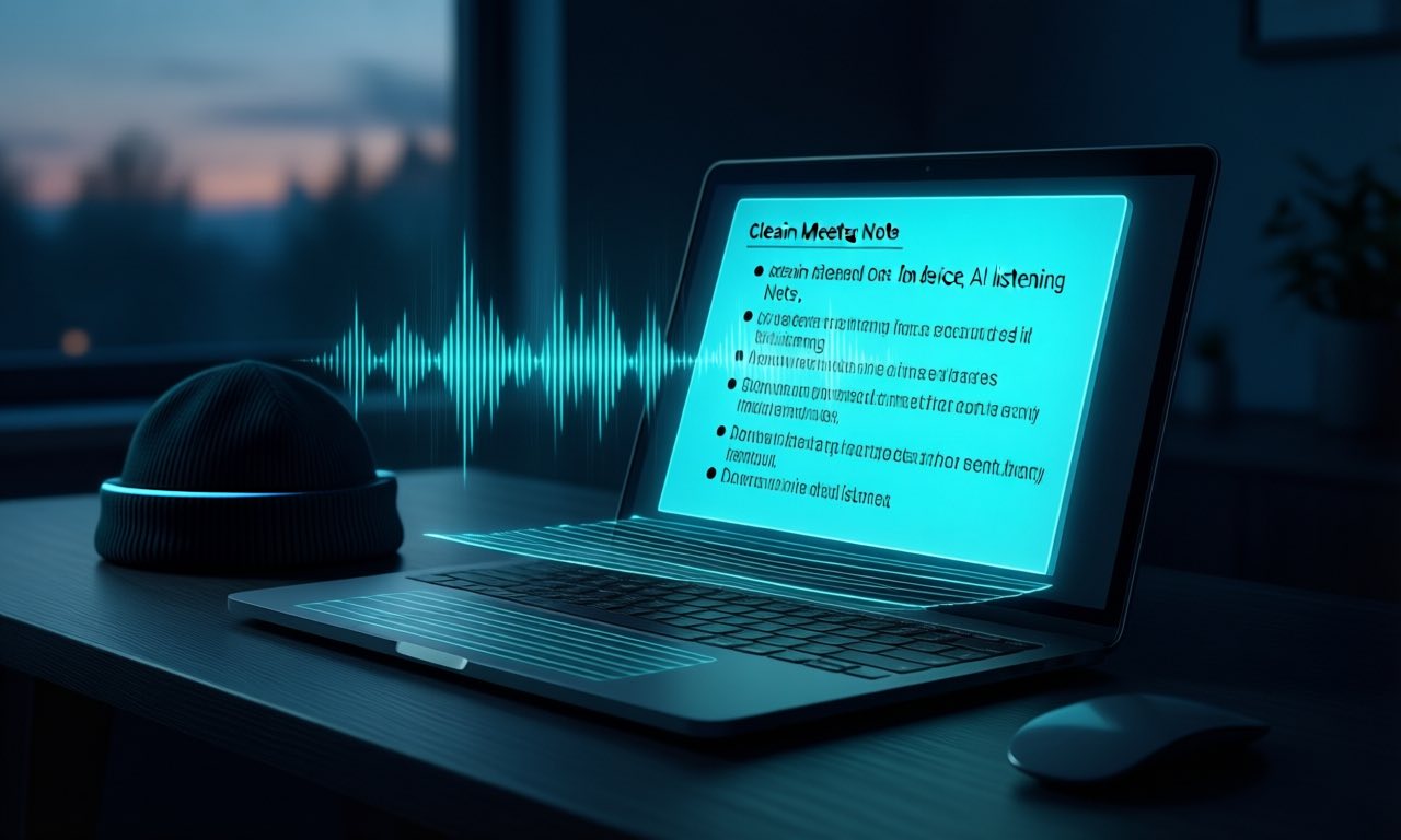 A dark minimalist home-office desk at dusk with a laptop showing meeting notes and a small cyan waveform hovering above the keyboard, suggesting on-device AI listening