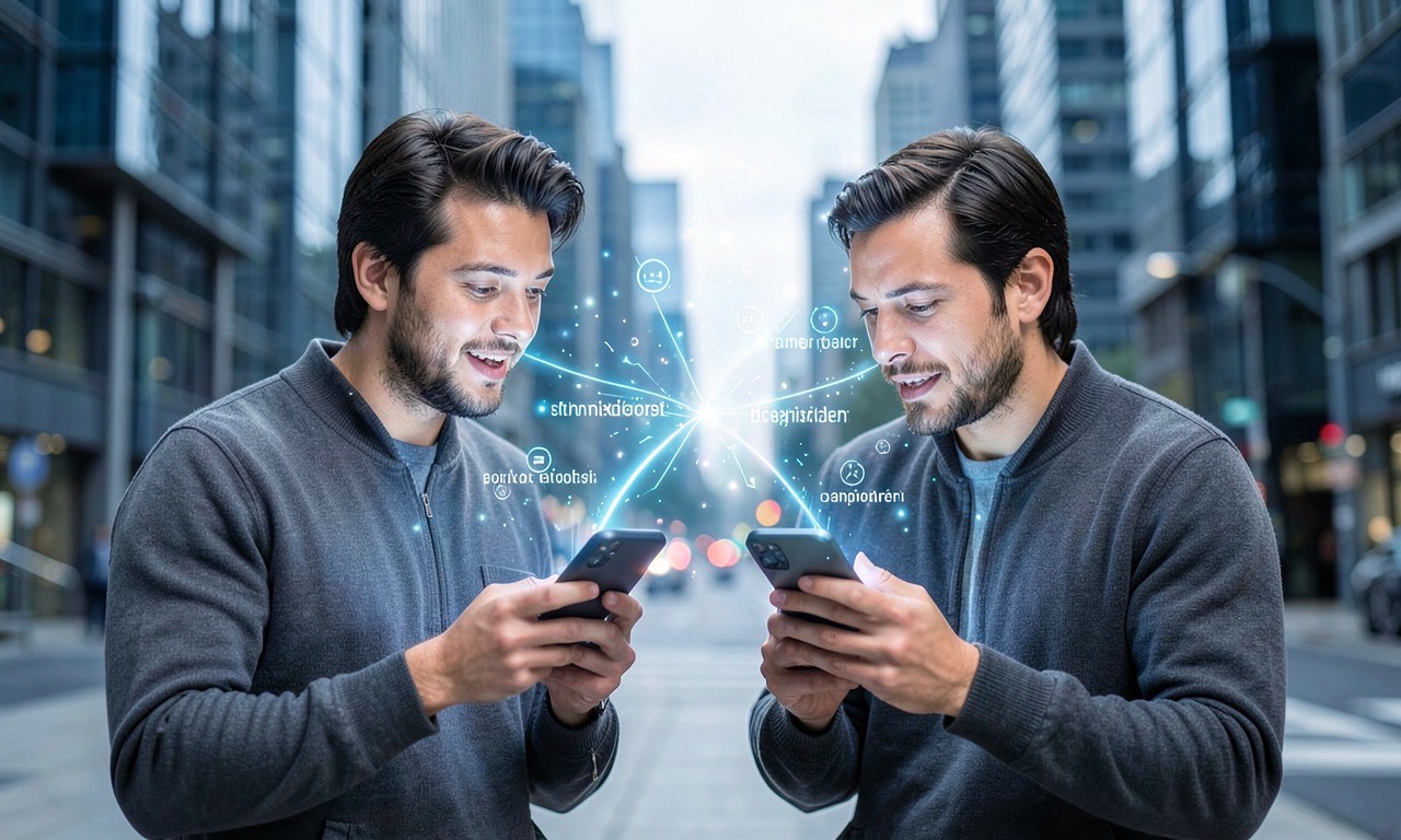 Two people having a natural conversation on a smartphone with floating translated text symbols between them