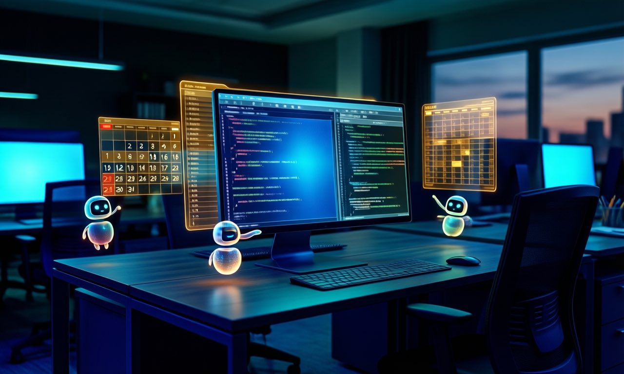 A dark modern open-plan office at dusk lit by cool blue monitor glow with semi-transparent holographic calendar and code panels floating above desks, small glowing orb assistants hovering beside them, no text