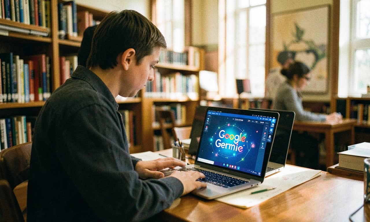 Student using laptop with AI interface, warm campus lighting, documentary style