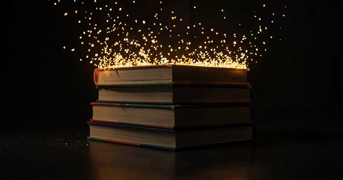 Abstract composition of stacked books on a dark surface with warm amber light, spines fragmenting into glowing particles at the top edges suggesting transformation and dissolution
