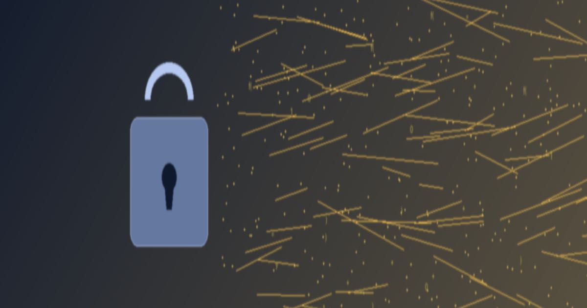 A stylised abstract composition showing a locked padlock dissolving into flowing mathematical equations and data streams, rendered in bright blue and gold tones.