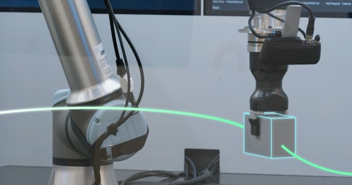 A montage of robotics work: a Flexiv-style arm tracking a cube with pose-estimation overlays, a Mentee Robotics humanoid handling cups at a counter, bins of parcels, and a robot arm beside a car seat