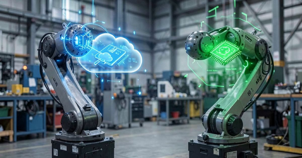 Abstract representation of two robotics software platforms: cloud-connected visual programming on one side, simulation-first robotics on the other