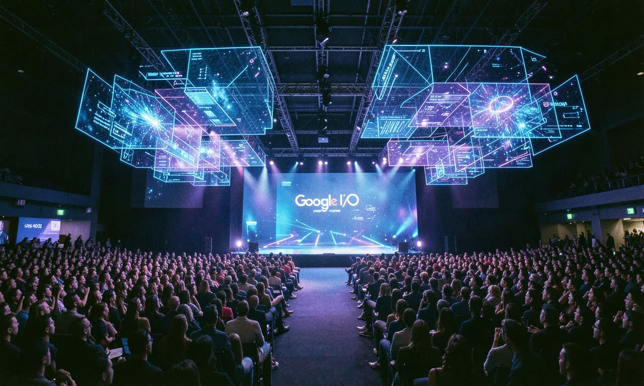 A massive conference stage with holographic AI interface projections, blue and purple lighting, wide angle, cinematic