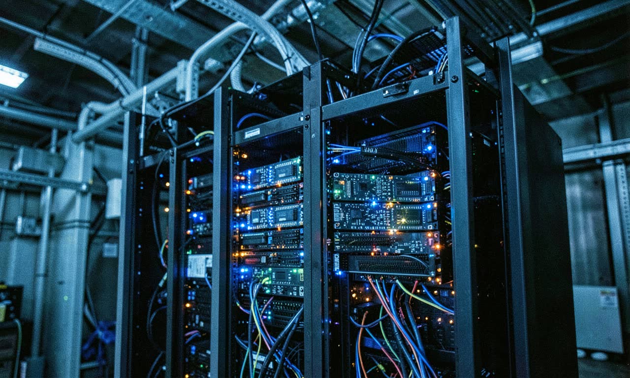 AI server racks with custom silicon chips glowing under blue lighting, data center interior, cinematic