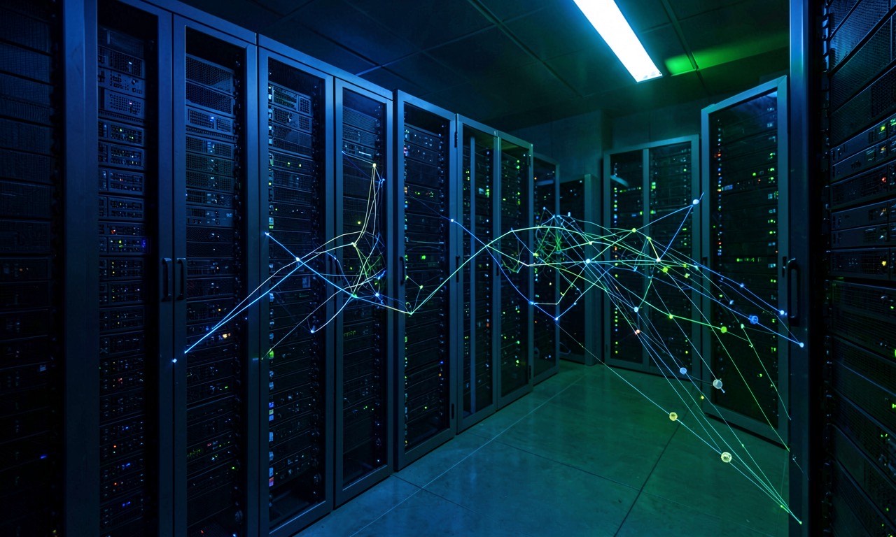 Rows of server racks in a data center with blue and green lighting, abstract representation of competing AI chip architectures.