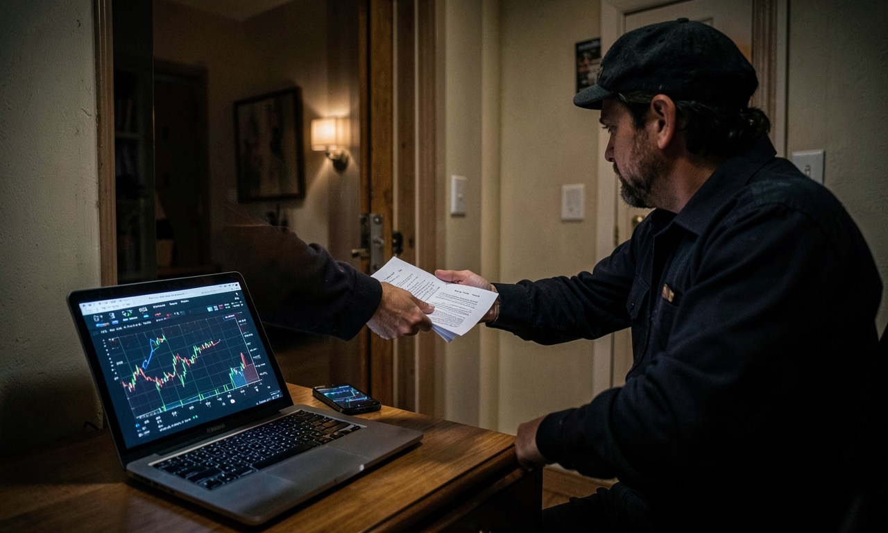 A photograph of a federal agent handing documents to a person at a residential doorway, with a laptop and a smartphone displaying financial charts visible on a desk inside, dramatic interior lighting, photojournalism style